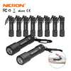 A set of Nichiron mini key chain LED flashlights and a larger version are shown with various attachments.