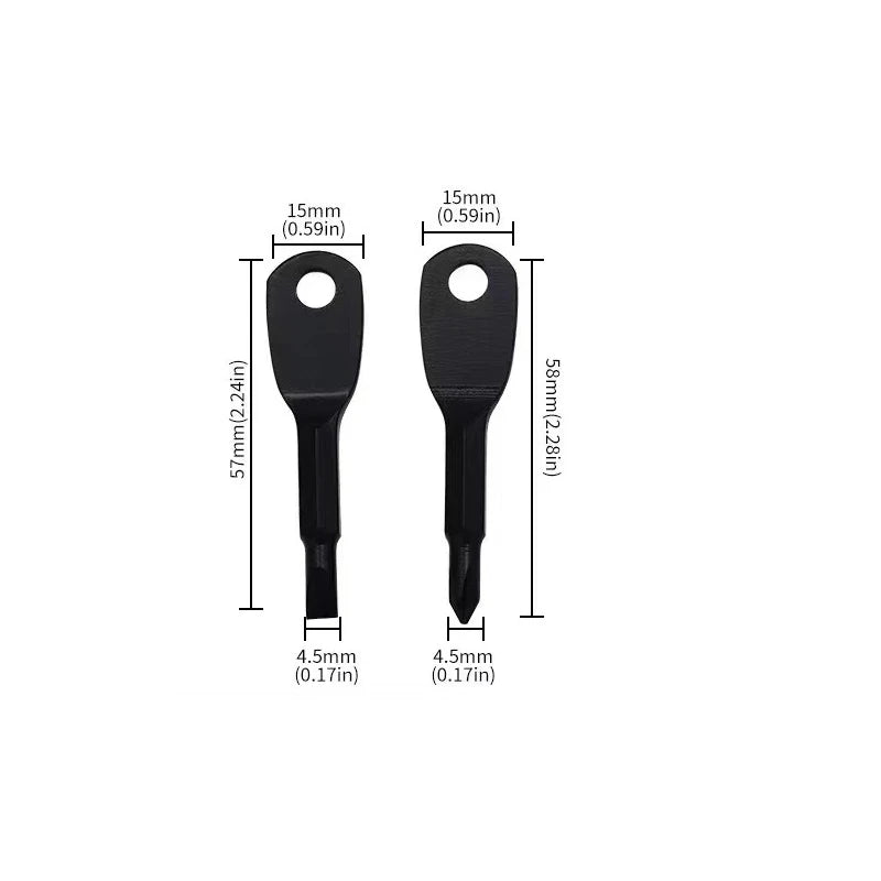 A black 2-piece mini screwdriver set with a keychain, showing the size and shape of the tools.