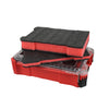 Black foam inserts with red lining are shown inside a red tool box.