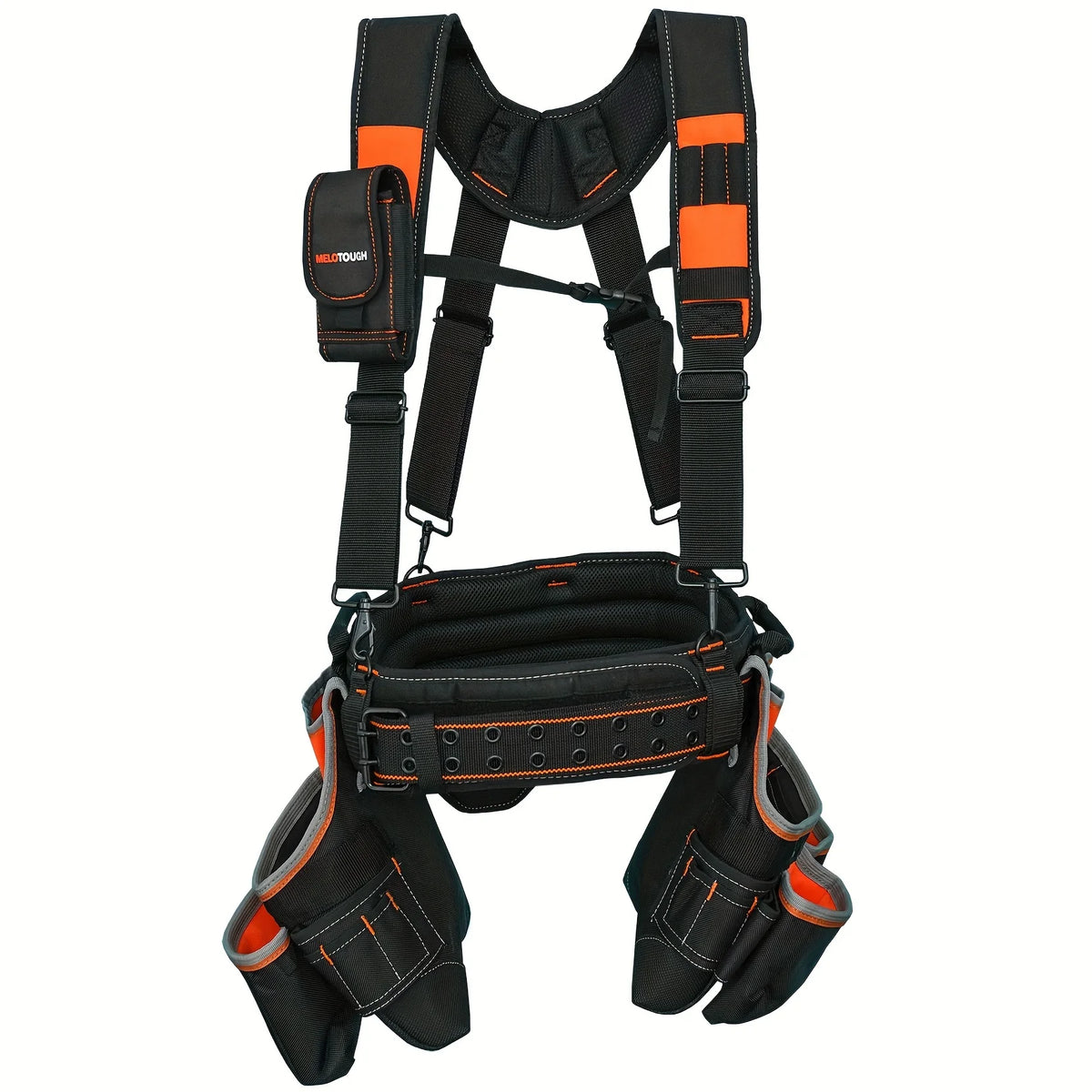 A black tool belt with orange accents and suspension straps, shown with a pair of black work gloves.