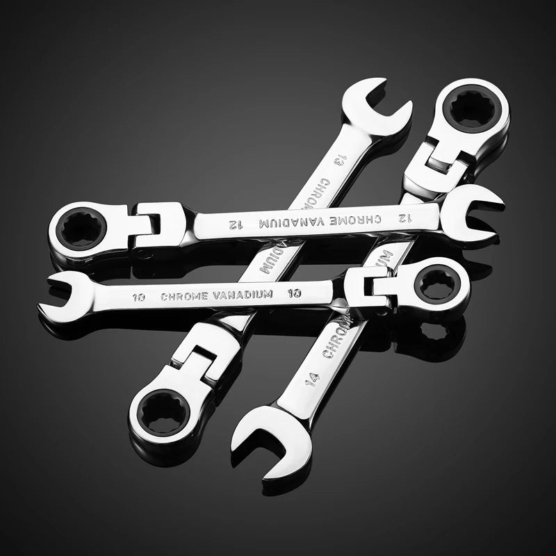 A set of chrome vanadium steel ratcheting wrenches displayed against a dark background.