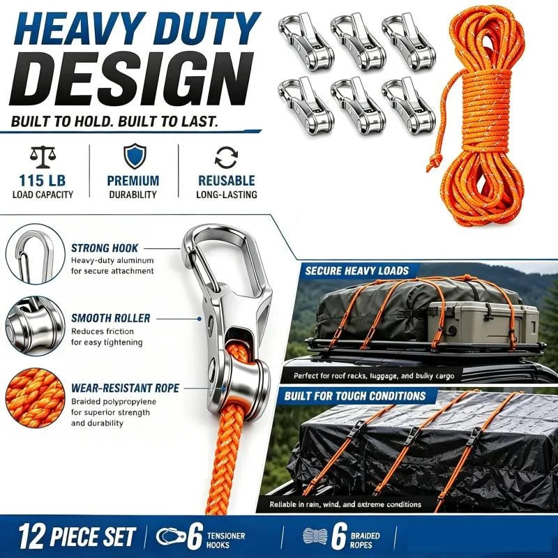 A set of 12 heavy duty aluminum tent ropes and hooks for securing loads