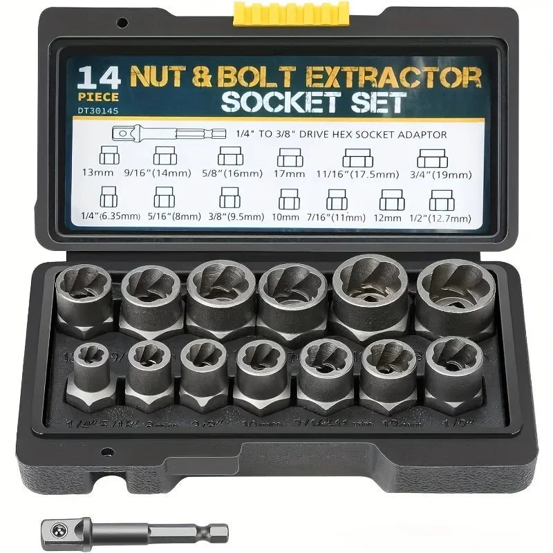 An open black case containing a 14 piece nut and bolt extractor socket set with various sized sockets.