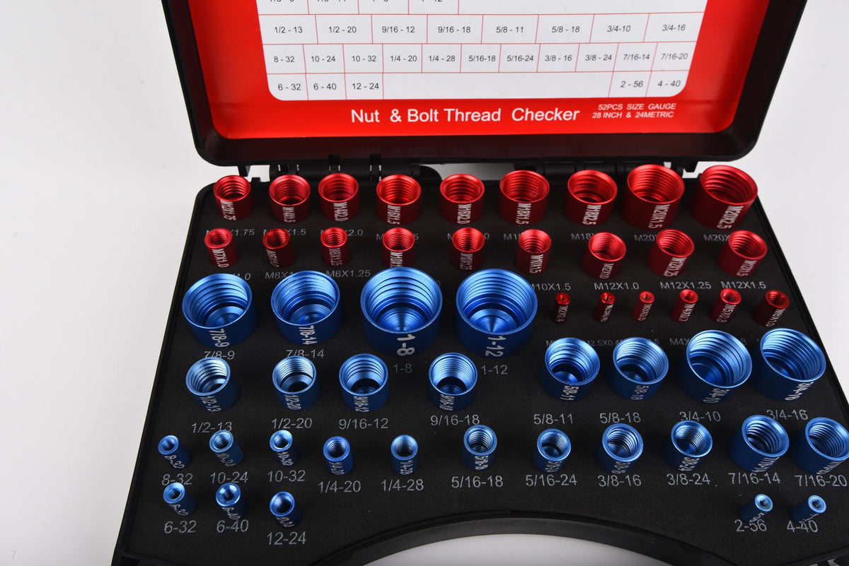 A black tool kit for checking metric and imperial threads, featuring various nut and bolt thread gauges.