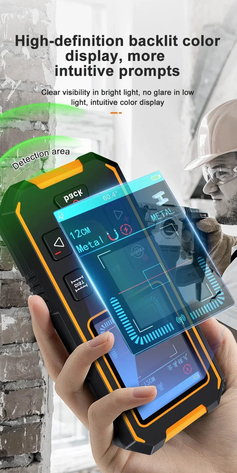A hand holds a high-definition backlit color display wall penetration detector device.