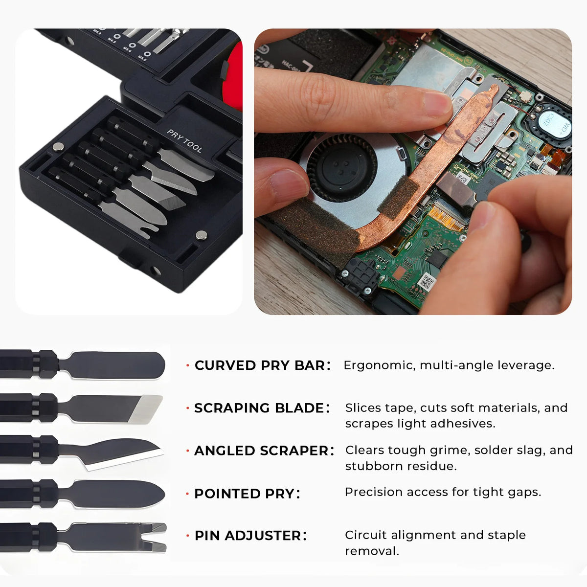 A set of five precision tools including a curved pry bar, scraping blade, angled scraper, pointed pry, and pin adjuster for e