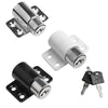 A set of three silver and black sliding door window locks for child safety.