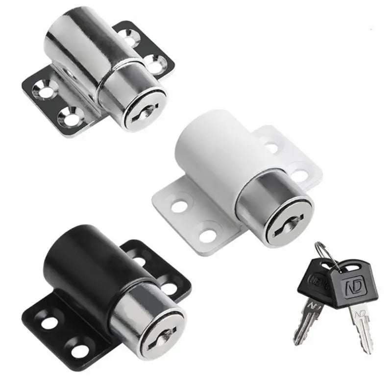 A set of three silver and black sliding door window locks for child safety.