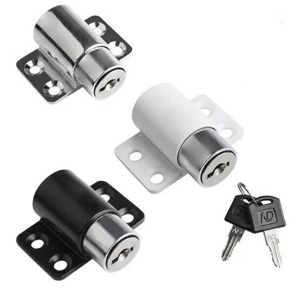 A set of three silver and black sliding door window locks for child safety.
