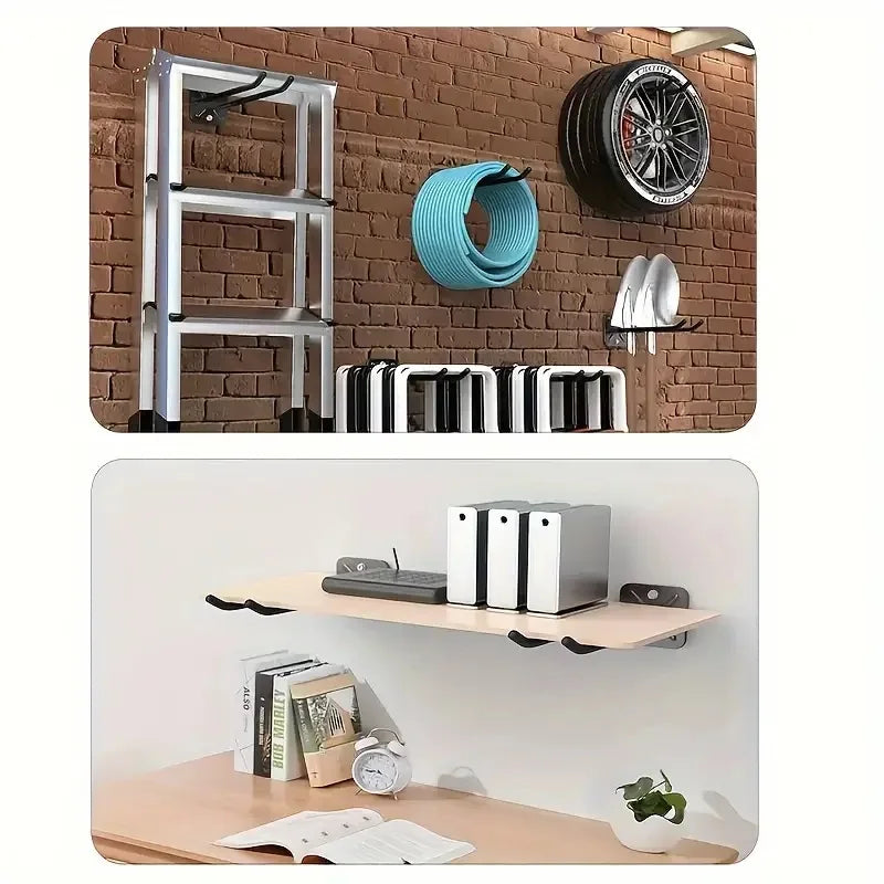 Colección de ganchos y herramientas para garaje resistentes montados en una pared de ladrillo, junto a una estantería de made