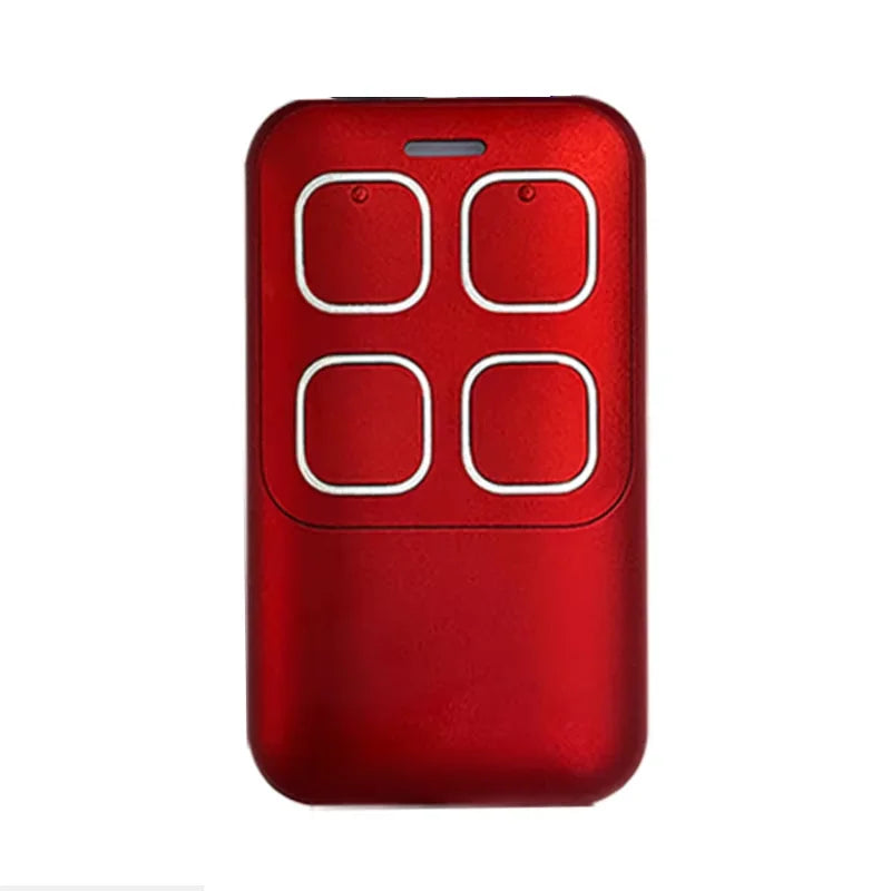 A red garage door remote transmitter with five white circular buttons on the top surface.
