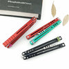 A collection of folding tactical pen knives in red, teal, and black displayed on a white background.