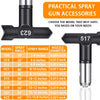 A set of practical spray gun accessories showing various spray angles, ranges, and nozzle diameters for paint guns.