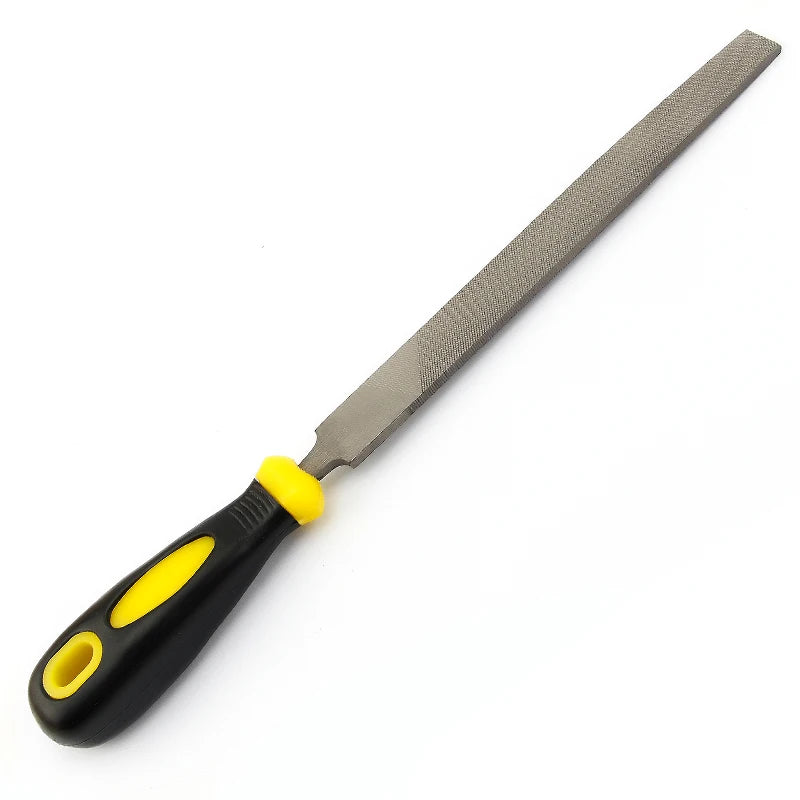 A precision flat file tool with a black handle and yellow grip, featuring a gray steel blade.