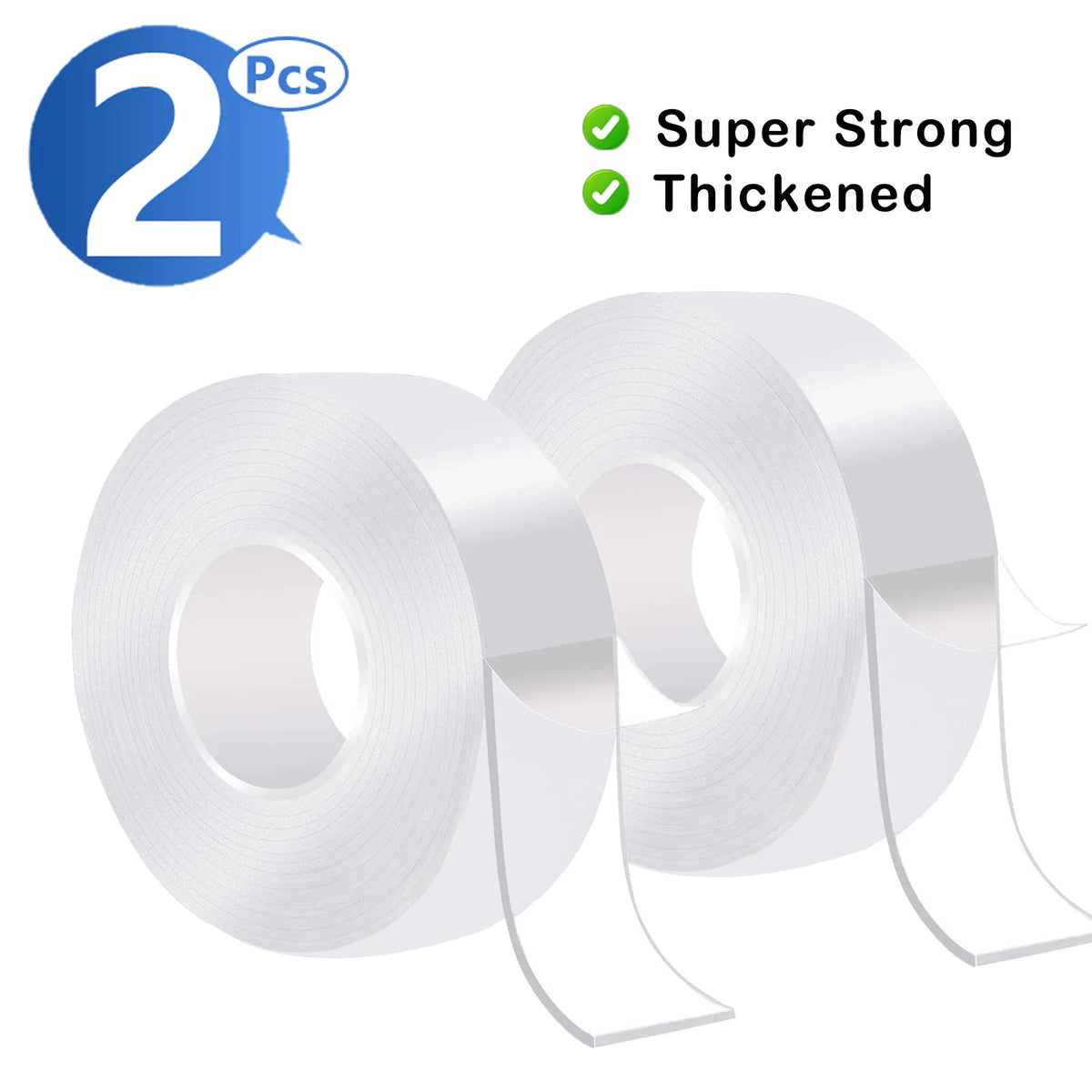 Two rolls of extra strong thickened double-sided nano tape are shown on a white background.