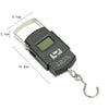 A black portable digital luggage scale with a metal hook and measuring markings.