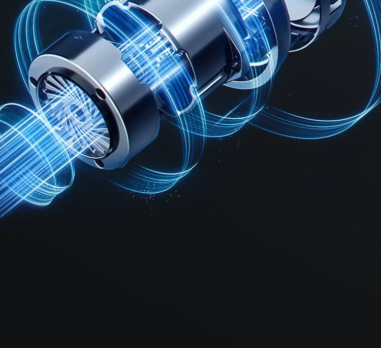 Close-up of a cordless brushless electric screwdriver with bright blue energy effects.