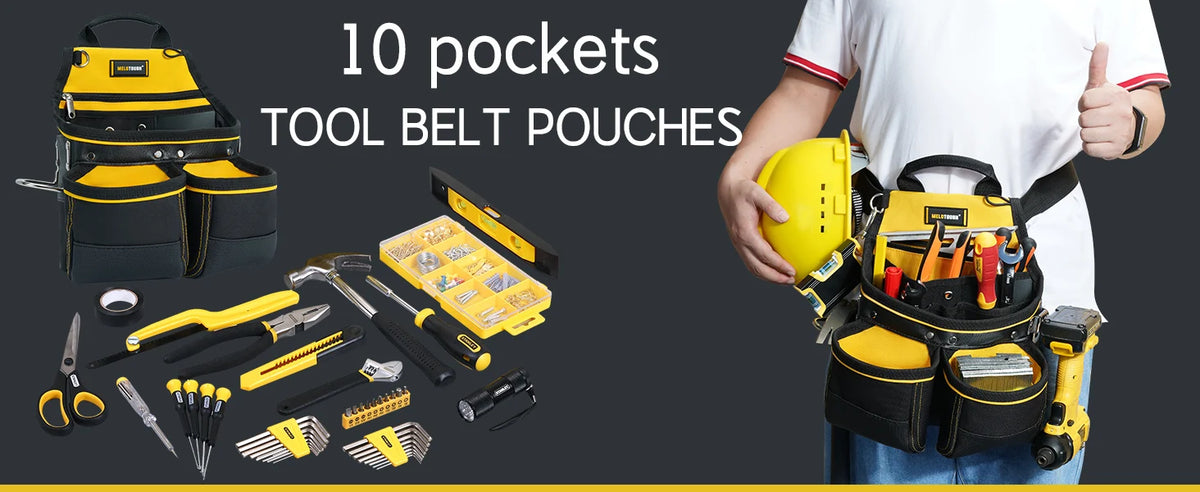 A yellow tool belt pouch is shown with various tools and accessories laid out, next to a person holding the pouch.