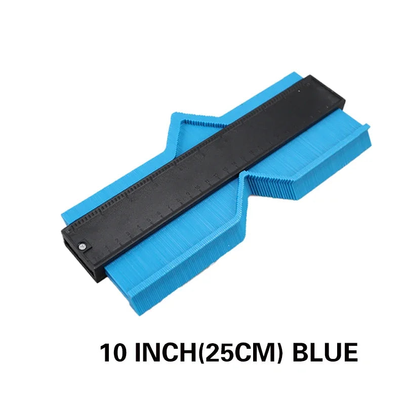 A blue precision contour gauge and ruler, 10 inches long, is shown with a black scale.