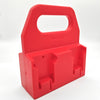 A red heavy-duty portable battery storage rack with a handle and molded compartments.
