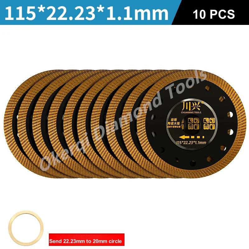 Ten precision diamond saw blade discs, 115x22.23x1.1mm, for tile and masonry work.