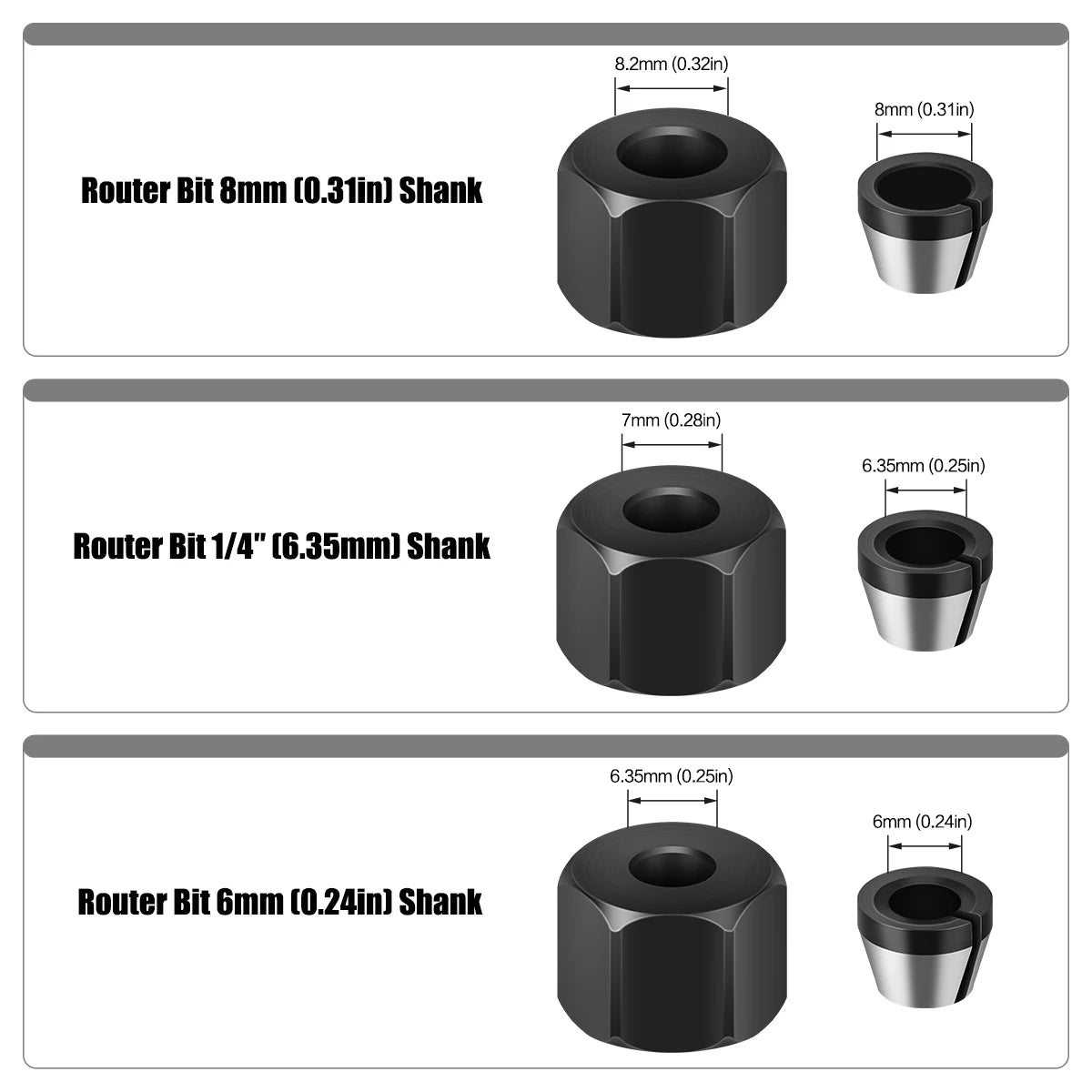 Set of router bits with various shank sizes including 8mm, 1/4 inch, and 6mm.