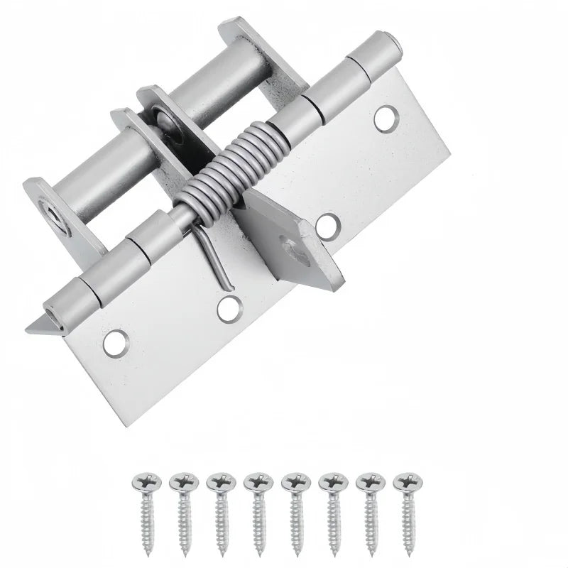 Silver automatic self-closing door hinges with mounting plates and screws