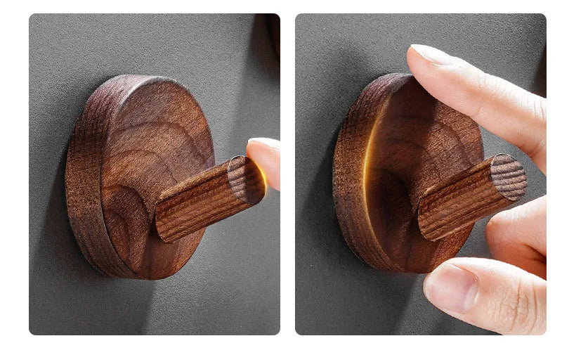 A close-up of a rustic wooden wall hook with a natural finish, shown in two views.