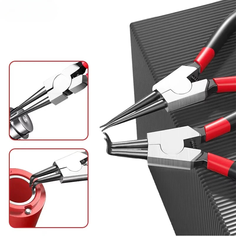 A pair of silver and red precision dual-purpose card spring pliers resting on a dark textured surface.