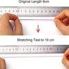 Demonstration of stretching a 9cm rainbow elastic cord to 19cm using a ruler for measurement.