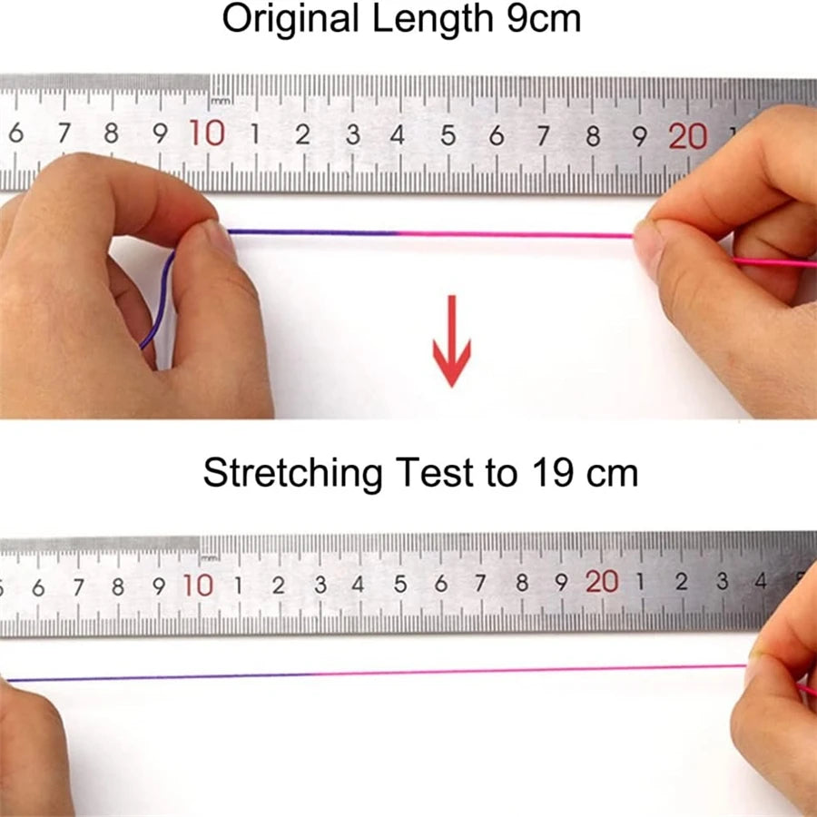 Demonstration of stretching a 9cm rainbow elastic cord to 19cm using a ruler for measurement.
