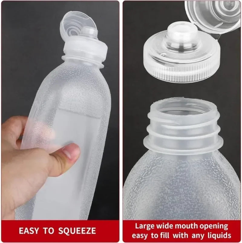 A clear plastic squeeze dispenser bottle being squeezed to show its easy filling capability.