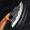 A forged stainless steel boning knife with a wooden handle and bottle opener visible in profile.