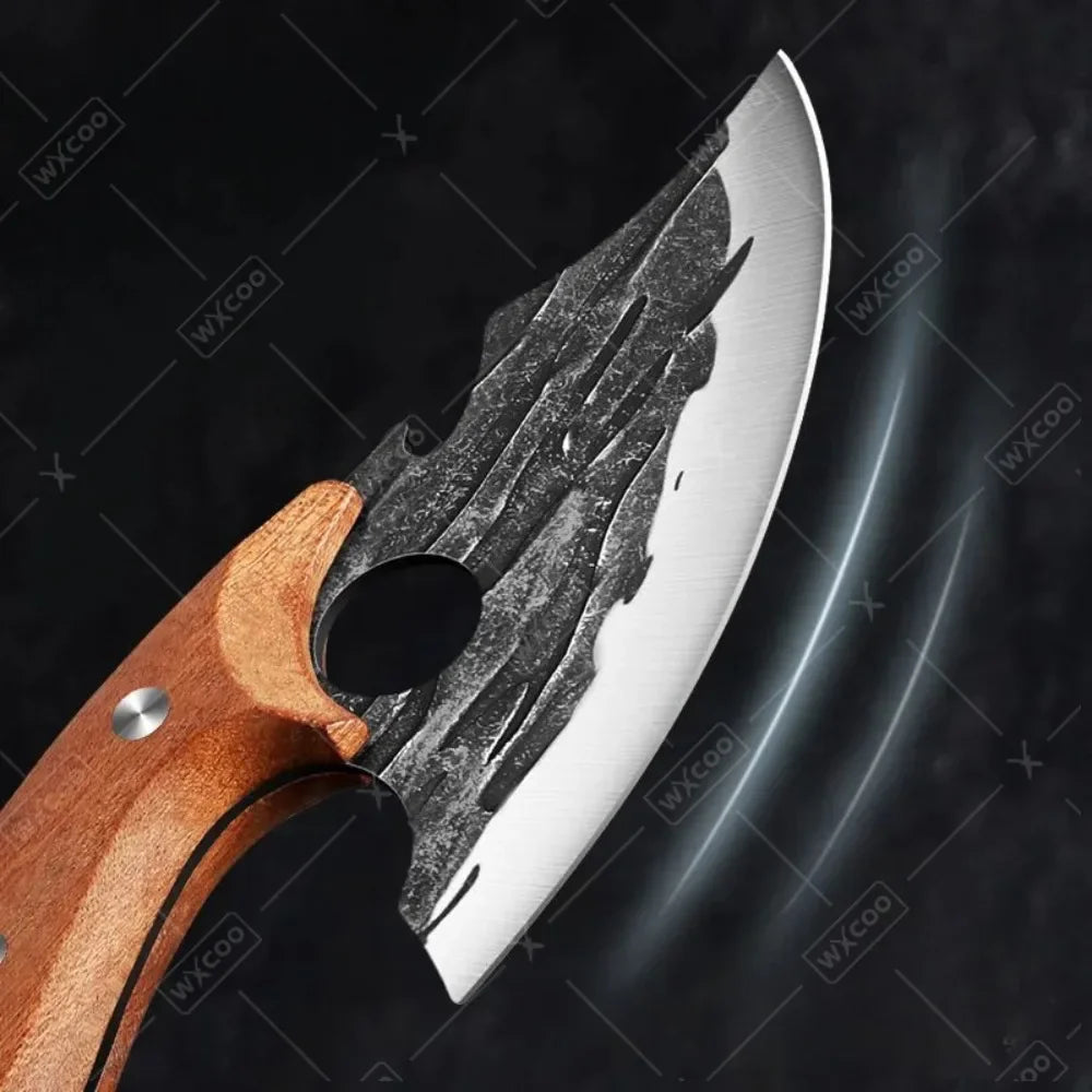 A forged stainless steel boning knife with a wooden handle and bottle opener visible in profile.