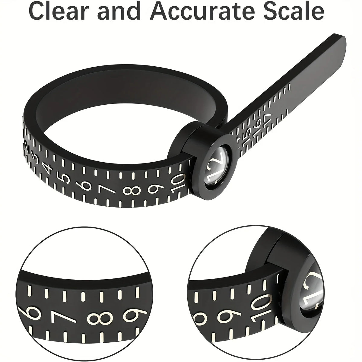 A black precision ring sizer featuring a clear and accurate scale, shown in various views.