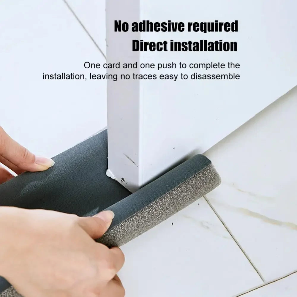 Hands installing a no adhesive direct installation door draft excluder seal strip onto a white door frame.