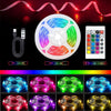 An RGB LED lamp tape is shown with a controller and an IR remote control, displaying various color patterns.
