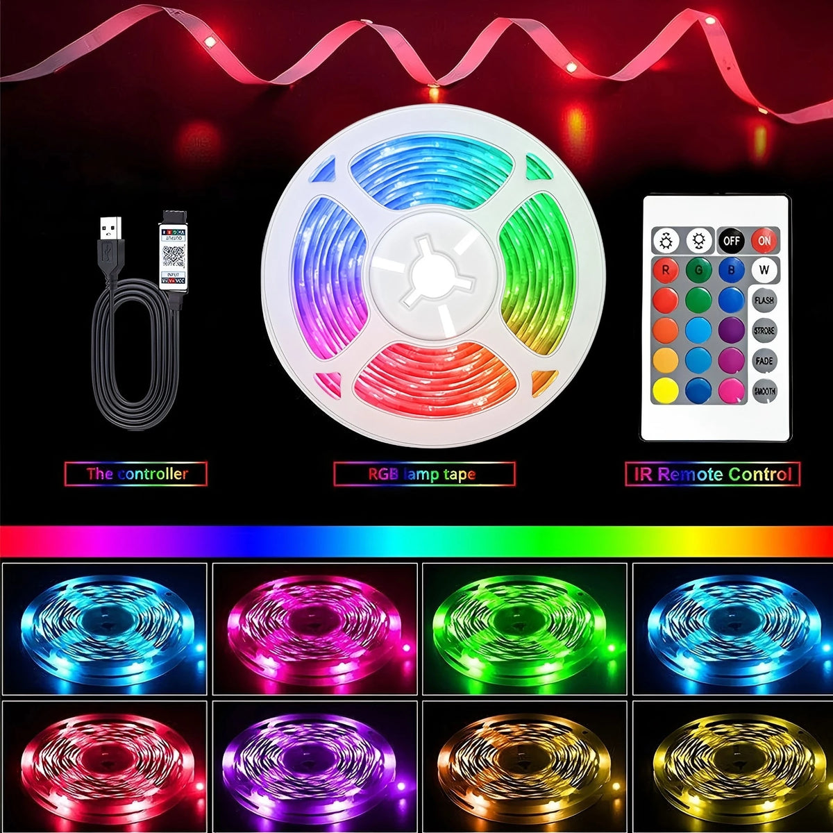 An RGB LED lamp tape is shown with a controller and an IR remote control, displaying various color patterns.