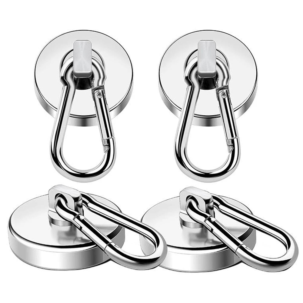 A set of heavy duty magnetic hooks with swivel carabiners shown in various angles.