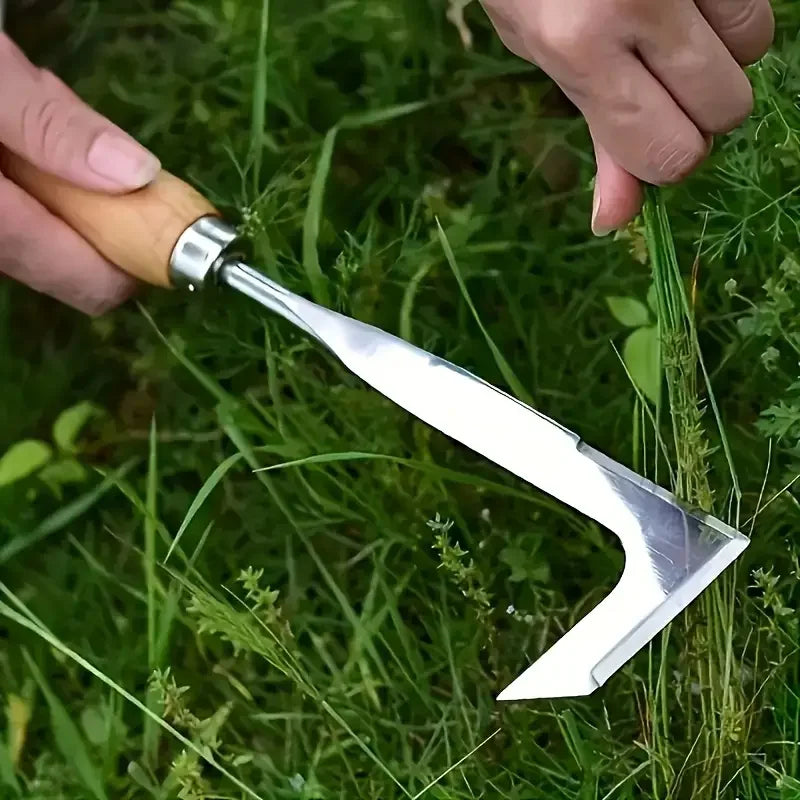 يد تمسك بأداة يدوية من الفولاذ المقاوم للصدأ لعناية الحديقة، موضوعة فوق العشب الأخضر.