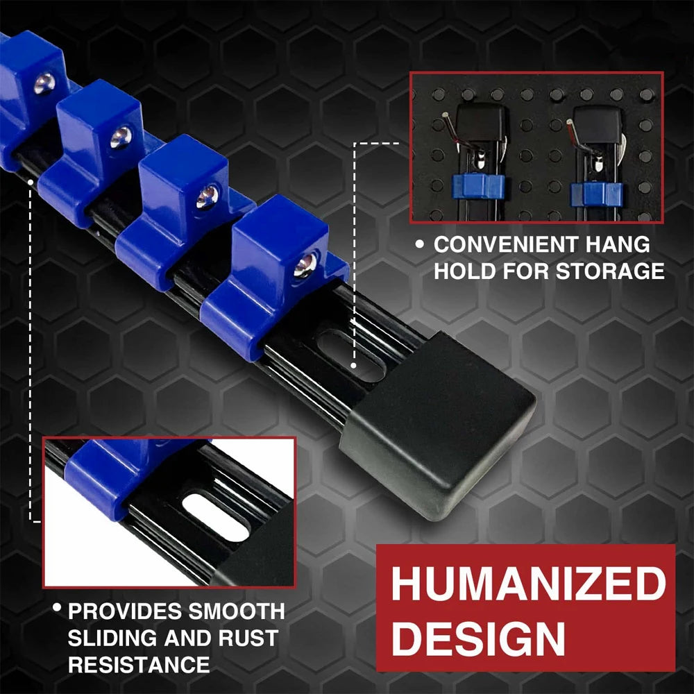 Blue swivel socket organizer rail with convenient hang holds and a smooth, rust-resistant design for tool storage.