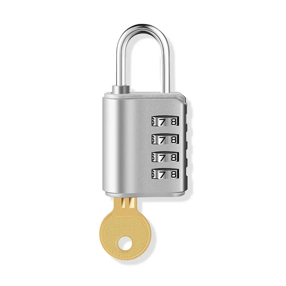 Silver heavy duty combination lock with a key ring attachment.