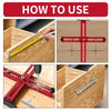 Guide showing how to use an adjustable cabinet handle punch locator for locating drilling points on wood.