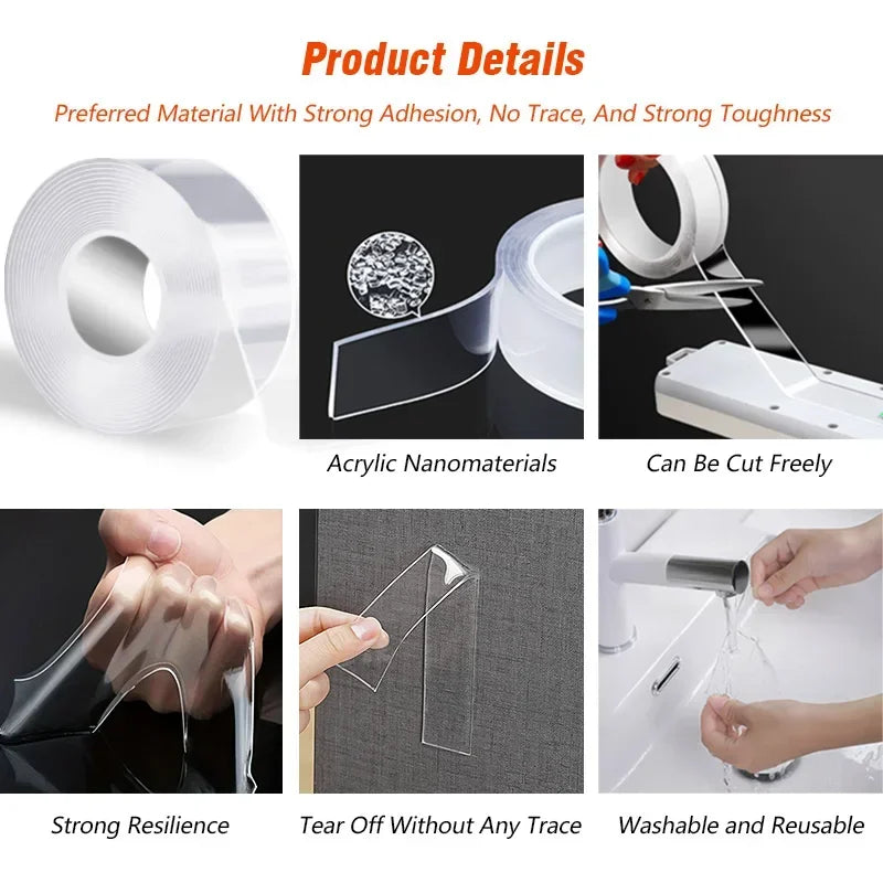 Double-sided acrylic adhesive tape showing its strong adhesion, toughness, and ability to be cut freely and reused.