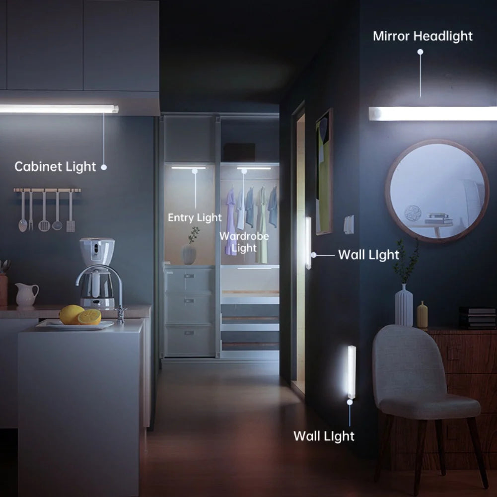 Interior shot showing various lighting fixtures including cabinet light, entry light, wardrobe light, and wall lights in a mo