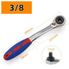 A silver adjustable ratchet wrench with a blue and red handle shown next to a size indicator.