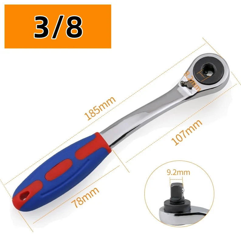 A silver adjustable ratchet wrench with a blue and red handle shown next to a size indicator.