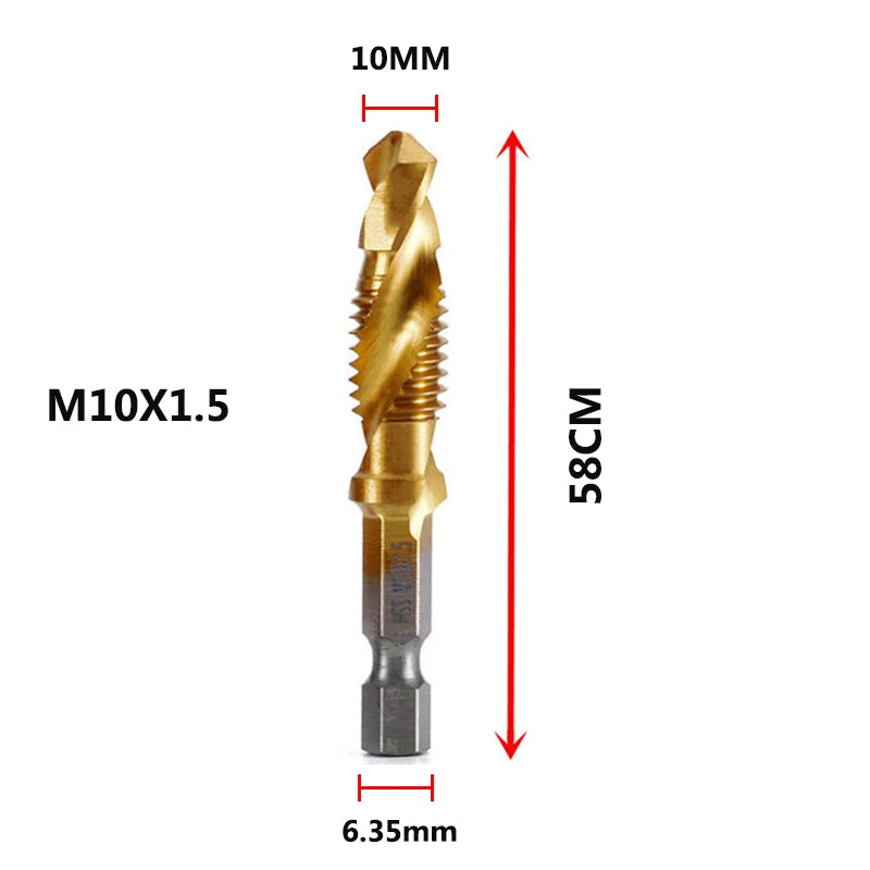 A M10x1.5 tap and drill bit set showing the threaded tool and its dimensions.