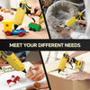 A collection of yellow and black cordless hot glue guns being used for various crafting and repair tasks.