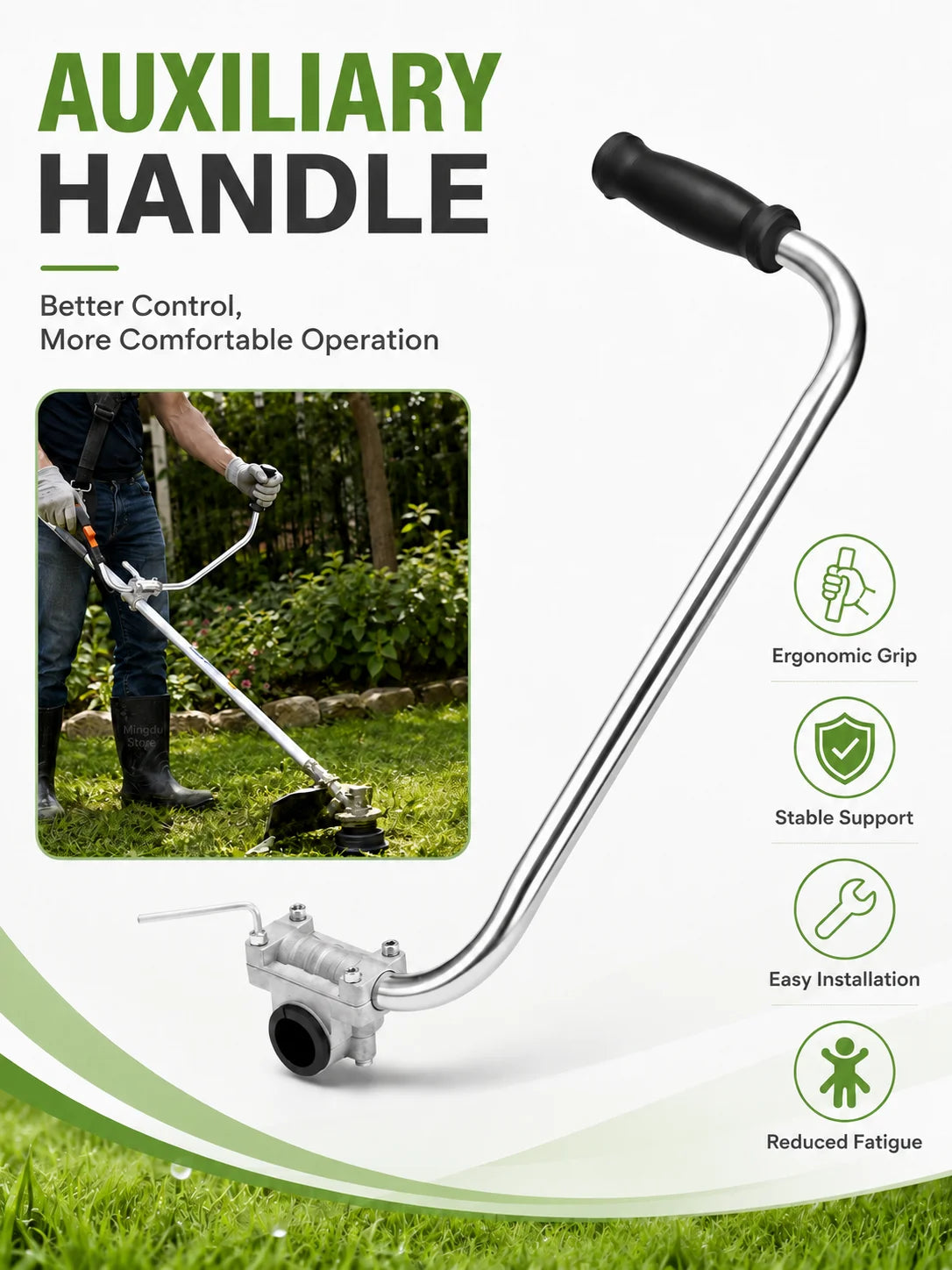 A silver auxiliary handle with a black grip is shown, demonstrating an ergonomic design for better control on garden trimmers